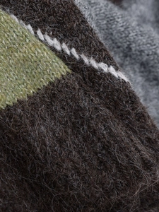 Close-up of chunky knit fabric with contrast stitching and multicolor diamond pattern