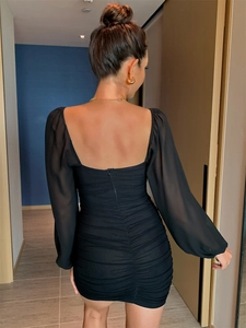 Elegant backless long sleeve black dress with mesh and pleated details for women