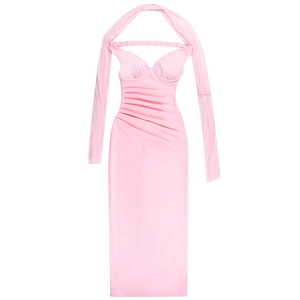 Detail of pink off-shoulder mermaid dress with pleats and halter neck design
