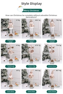 Detailed size chart for Christmas plush dolls featuring snowman, elk, and Santa Claus figures