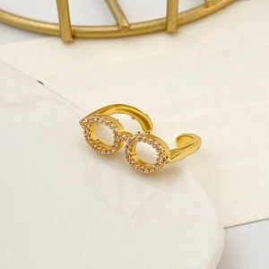 Creative gold spectacles open ring with sparkling pink and white cubic zirconia