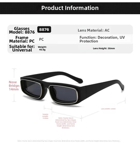 Detailed size chart for retro rectangular sunglasses with frame and lens dimensions