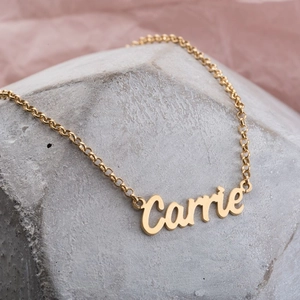 Customized gold plated stainless steel name necklace with Carrie script pendant on stone