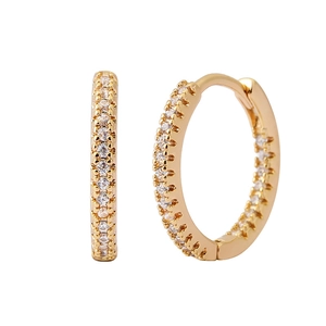 Elegant 12mm gold plated huggie earrings with pave cubic zirconia on a white background