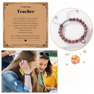 Pink zebra stone heart pendant bracelet for teachers with gratitude gift card display