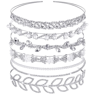6-piece silver crystal and pearl bridal headband set with floral and leaf designs