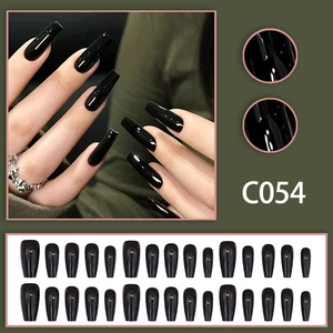 Glossy black long coffin press-on nails set with minimalist ballet style design