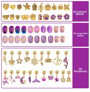 DIY jewelry kit with 60 pieces of purple beads, metal charms and colorful pendants