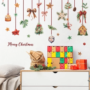 Christmas pine and red star wall decals with Merry Christmas text for home decor