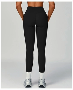 Rear view of high waisted black yoga pants showing lifting and shaping effect on model