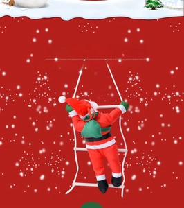 Detail of Santa Claus climbing a white rope ladder with a green gift bag for tree decor