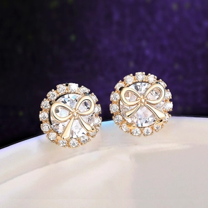 Elegant Bow Stud Earrings With Clear Zircon Copper Golden Halo Sweet Jewelry For Women Prom Daily Fashion Accessory