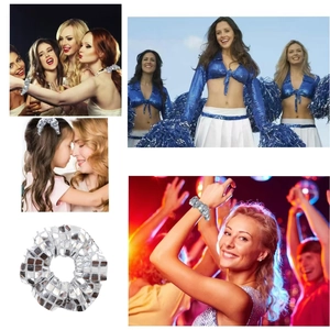 Silver sequin hair scrunchie for women shown in lifestyle and party scenes