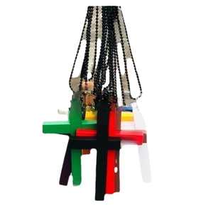 Minimalist wooden cross necklace set with colorful pendants and black beaded chains