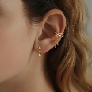 Elegant S925 sterling silver gold earrings with zircon pendants and tassel chains