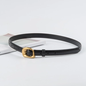 Minimalist black genuine leather slim belt with a stylish irregular gold metal buckle