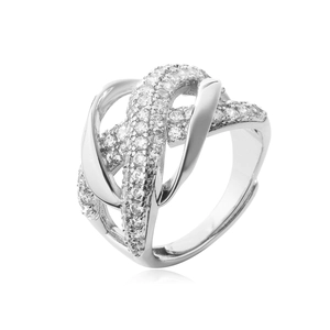 Detailed view of silver multi-layer crossover ring encrusted with micro-pave zircons