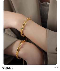 Close-up of gold-plated titanium steel bracelet with multi-colored crystals on a wrist