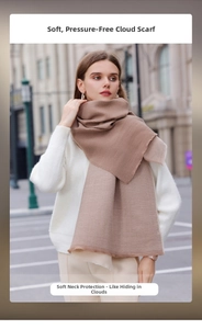 Macro detail of camel cashmere-style scarf showing soft ribbed knit texture and thick fabric