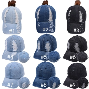 9 styles of distressed denim ponytail baseball caps in light blue, dark blue and black