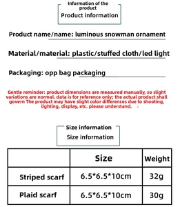 Detailed technical specifications and size chart for the glowing Christmas snowman pendant