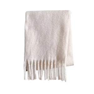 Thick light beige cashmere-like winter scarf with chunky tassels for women and students