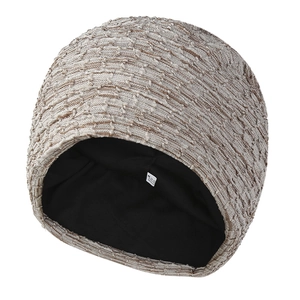 Beige and brown knitted beanie with warm fleece lining and textured ripple pattern