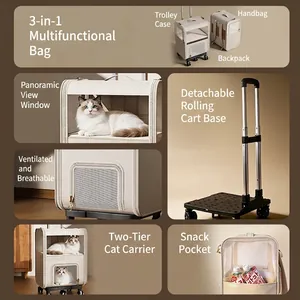 3-in-1 double-layer pet carrier with trolley wheels and breathable mesh for cats