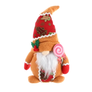 Christmas gnome plush doll with gingerbread pattern and lollipop decor on white background