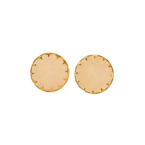 Elegant gold stainless steel earrings with round pink natural stone on white background