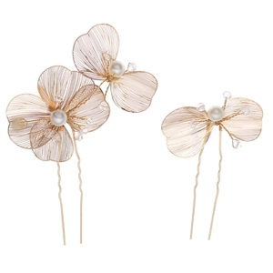 Elegant bridal hair pins with gold wire flowers, pearls, and crystals in a two-piece set