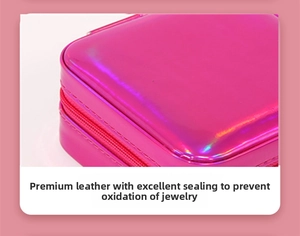 Detail of iridescent pink PU leather jewelry box showing sealing and anti-oxidation texture