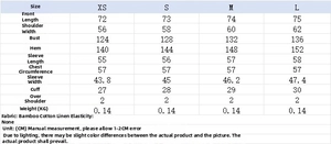 Detailed size chart for striped loose shirt and shorts set in slub cotton linen