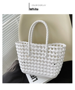 Close-up detail of white woven hollow tote bag with intricate lattice pattern