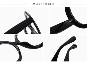 Detail view of black acetate frame hinges, nose pads, and temples of round glasses