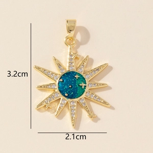 Golden sunburst pendant with a turquoise gem and white zircon accents, 3.2cm size