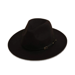 Detail of black fedora hat featuring a leather strap with antique bronze buckle and rivets