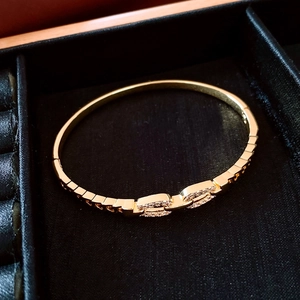 Macro detail of 18K gold plated double-ring clasp bracelet with sparkling pave zircon stones