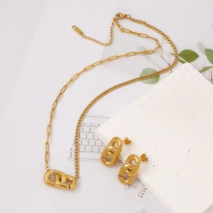 Collana E Orecchini In Acciaio Inossidabile Placcato Oro 18K Per Donna Accessori Con Ciondolo A Anello Intrecciato Minimalista E Catena Asimmetrica