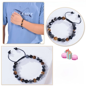Adjustable triple protection bracelet with tiger eye, obsidian, and hematite beads
