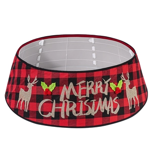 Red and black buffalo plaid Christmas tree collar with reindeer and holly embroidery