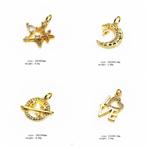 Detailed views of gold-plated celestial pendants with cubic zirconia and dimensions