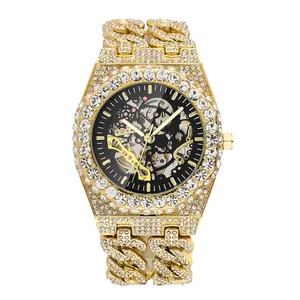 Men's Quartz Watch Iced Out Full Rhinestone Skeletal Dial Hip Hop Style Stainless Steel Luxury Water Resistant