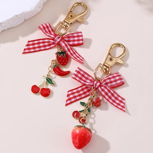 Cute cherry and strawberry keychain with red plaid bow and golden metal ring