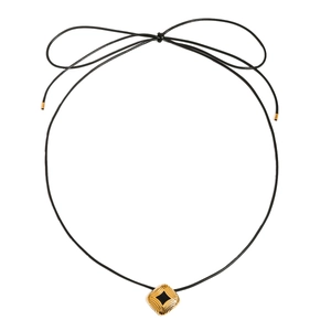 Square black enamel titanium steel pendant on a black cord necklace with a golden finish