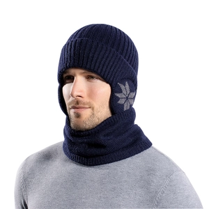 Winter knitted hat and neck warmer set for men in navy blue with snowflake pattern