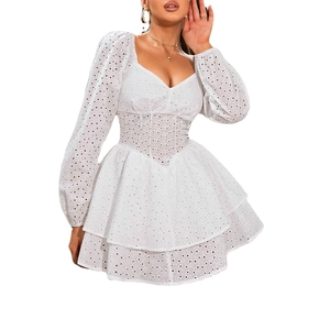 White broderie anglaise mini dress with V-neck, puff sleeves and ruffled hem details