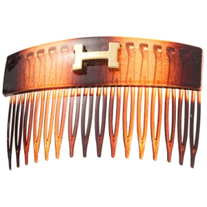 Vintage tortoiseshell oval hair side comb with golden H letter metal ornament