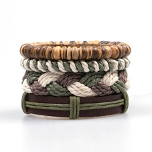 Set of multilayer braided rope bracelets with wooden beads and brown leather wrap