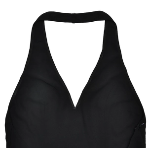 Detailed view of the black halter V-neckline and smooth chiffon fabric texture